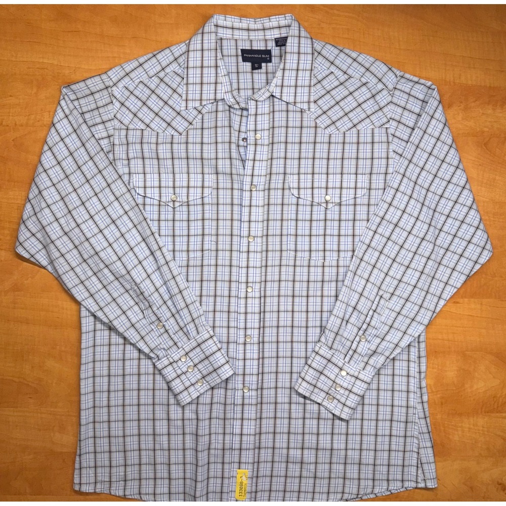 Panhandle Slim Mens Western Snap Shirt Blue Brown Plaid Long Sleeve 16.5 35